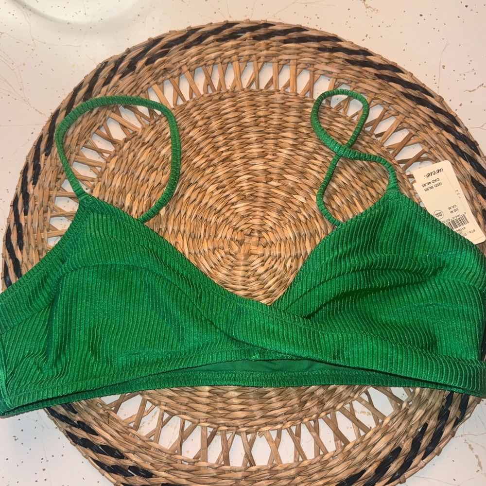 Aerie Real Good Ribbed Wrap Scoop Neck Bikini Top Green Medium NWT